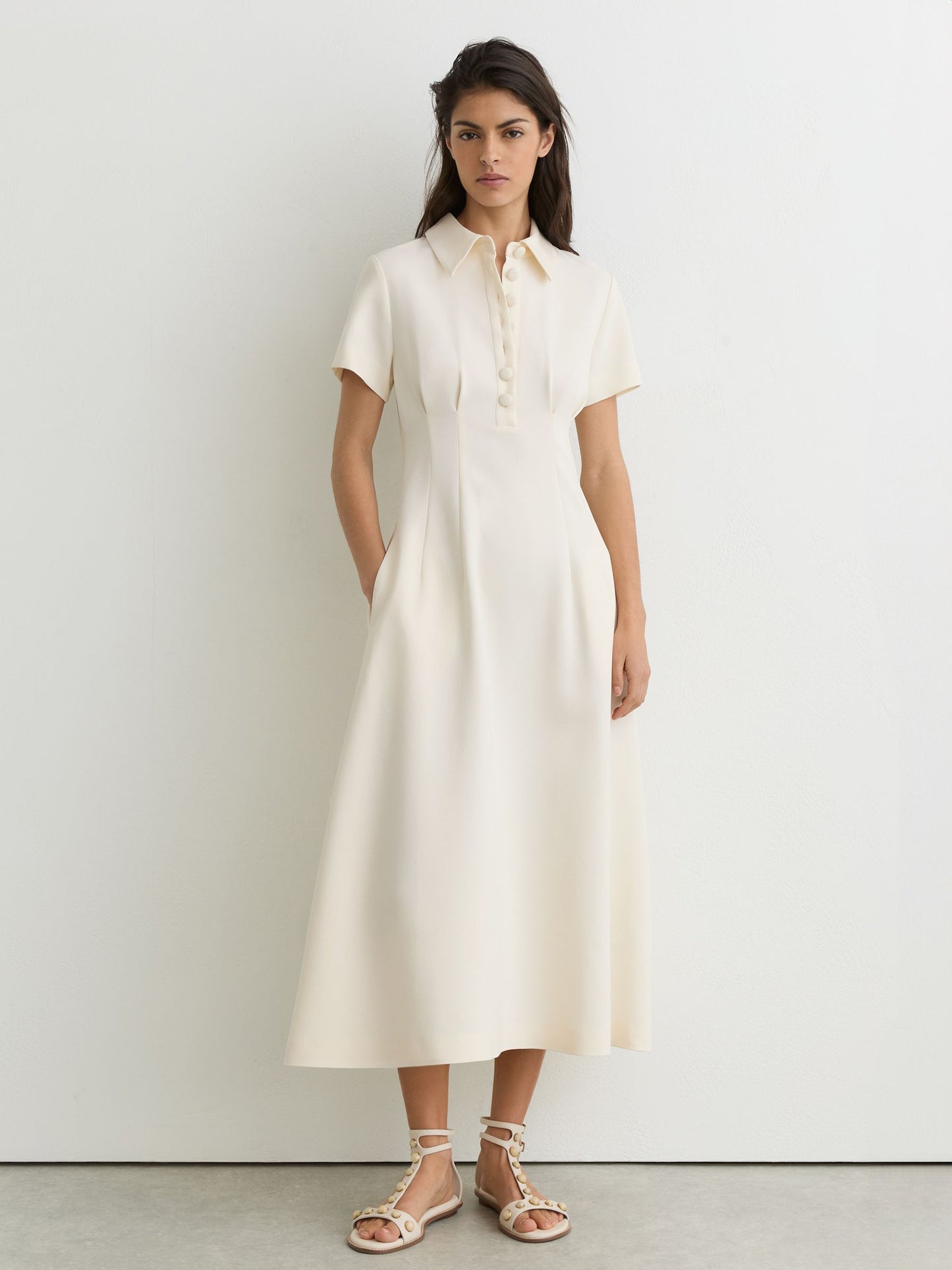 Button-Neck Short-Sleeve Midi Dress in Cream
