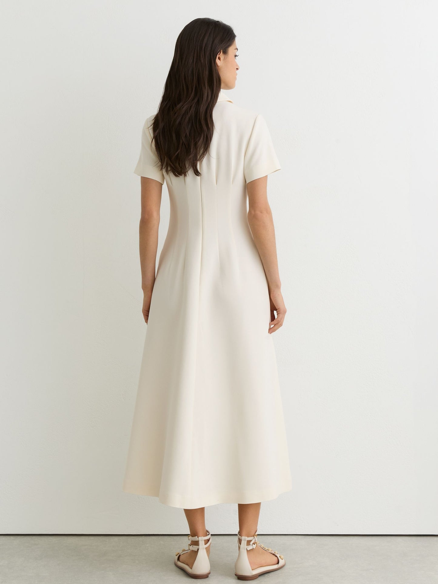 Button-Neck Short-Sleeve Midi Dress in Cream