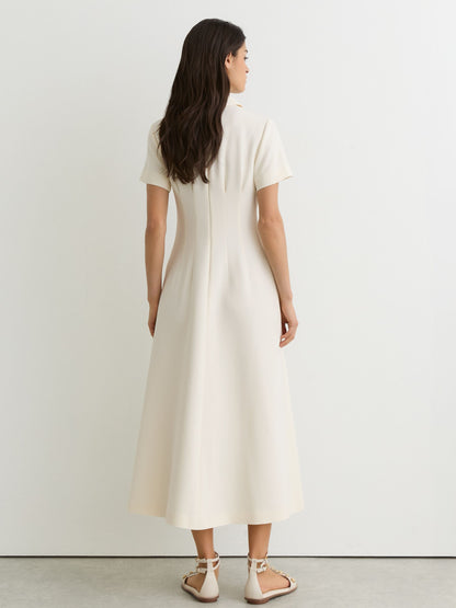 Button-Neck Short-Sleeve Midi Dress in Cream
