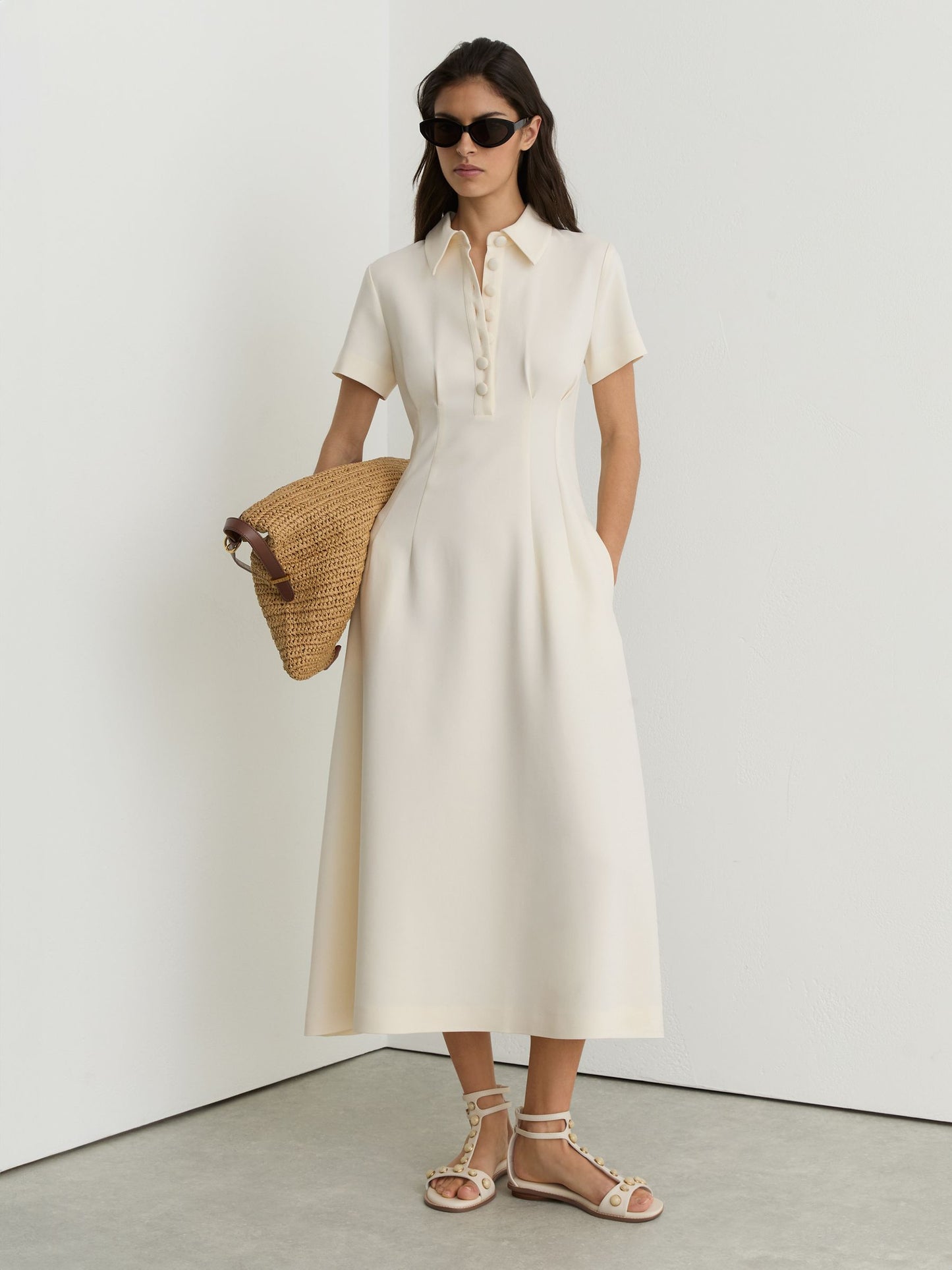 Button-Neck Short-Sleeve Midi Dress in Cream