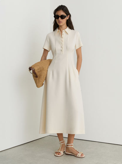 Button-Neck Short-Sleeve Midi Dress in Cream