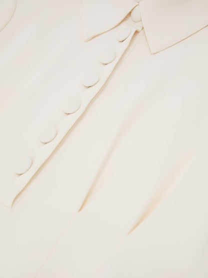 Button-Neck Short-Sleeve Midi Dress in Cream