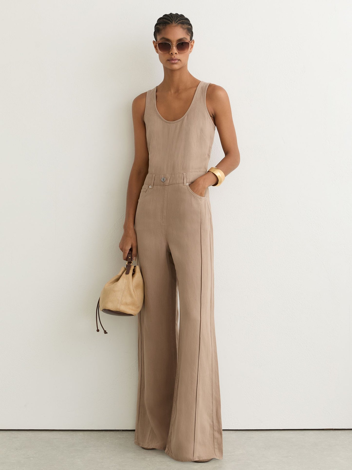 Lyocell-Linen Wide-Leg Jumpsuit in Taupe Neutral