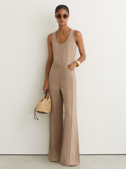 Lyocell-Linen Wide-Leg Jumpsuit in Taupe Neutral