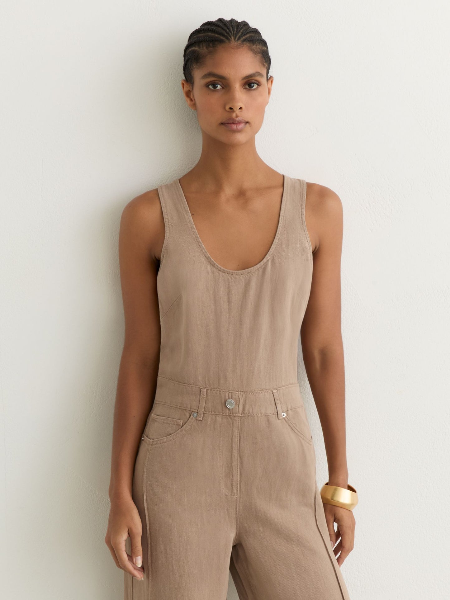 Lyocell-Linen Wide-Leg Jumpsuit in Taupe Neutral