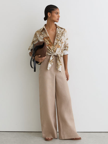 Cotton Safari-Print Tie-Front Shirt in Neutral