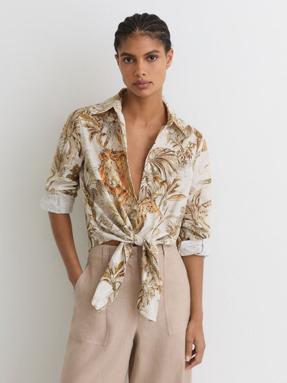 Cotton Safari-Print Tie-Front Shirt in Neutral
