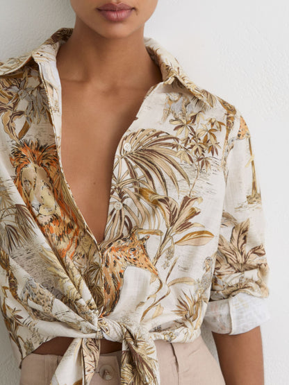 Cotton Safari-Print Tie-Front Shirt in Neutral
