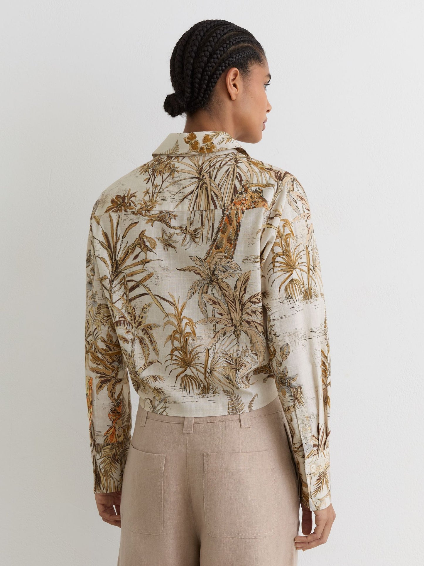 Cotton Safari-Print Tie-Front Shirt in Neutral