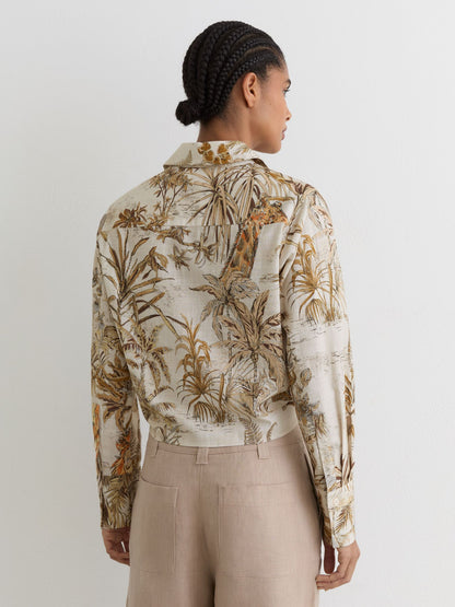 Cotton Safari-Print Tie-Front Shirt in Neutral