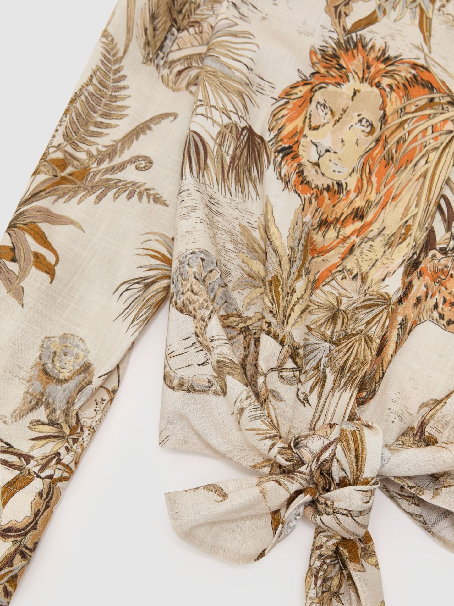 Cotton Safari-Print Tie-Front Shirt in Neutral