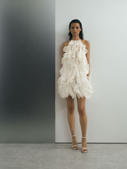 Atelier Off White Silk-Organza Ruffle Mini Dress in Off White