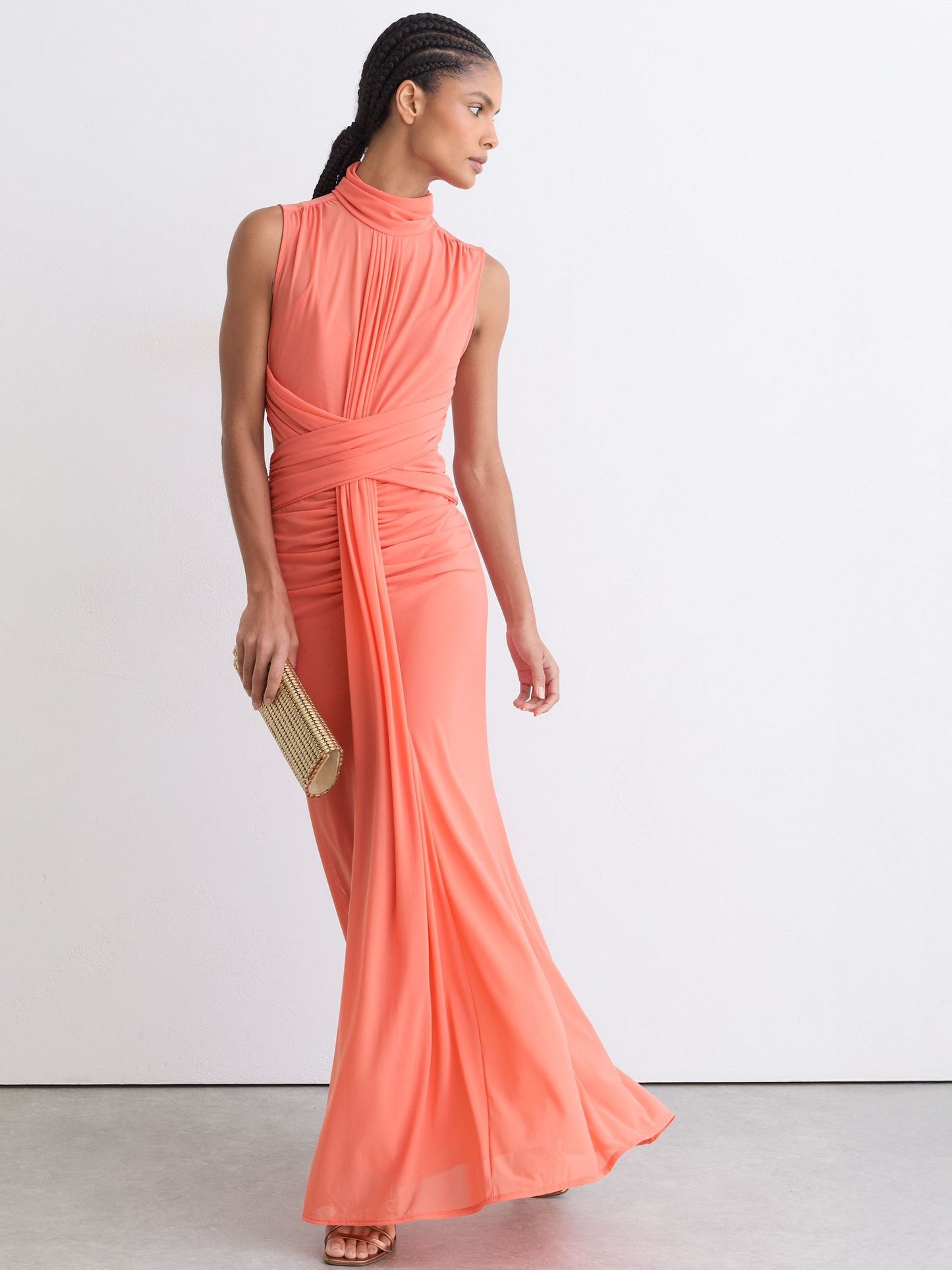 Sheer Ruched Sleeveless Maxi Dress in Orange