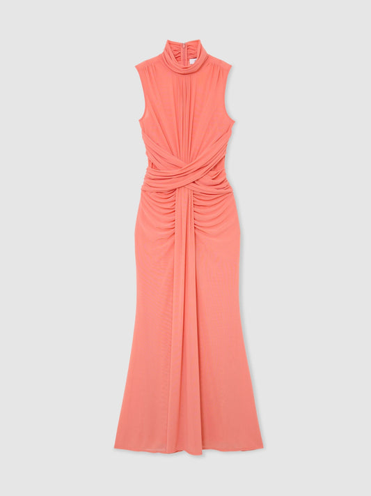 Sheer Ruched Sleeveless Maxi Dress in Orange