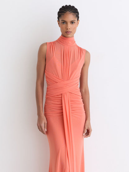 Sheer Ruched Sleeveless Maxi Dress in Orange