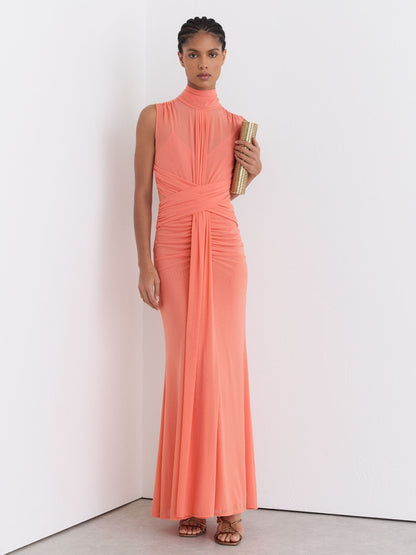 Sheer Ruched Sleeveless Maxi Dress in Orange