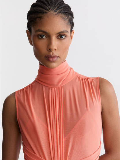 Sheer Ruched Sleeveless Maxi Dress in Orange