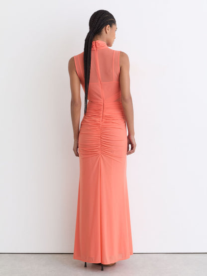 Sheer Ruched Sleeveless Maxi Dress in Orange