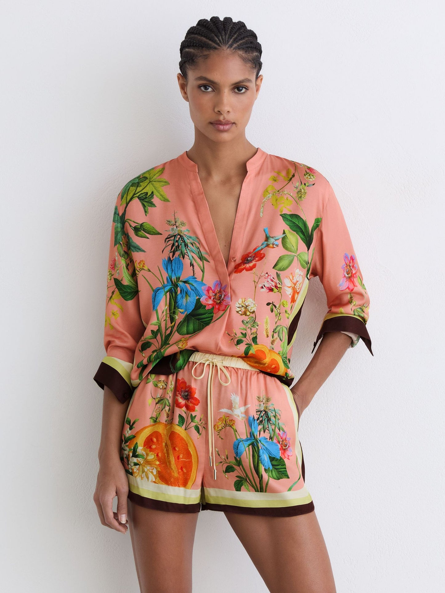 Tropical Scarf-Print Drawstring Shorts in Pink