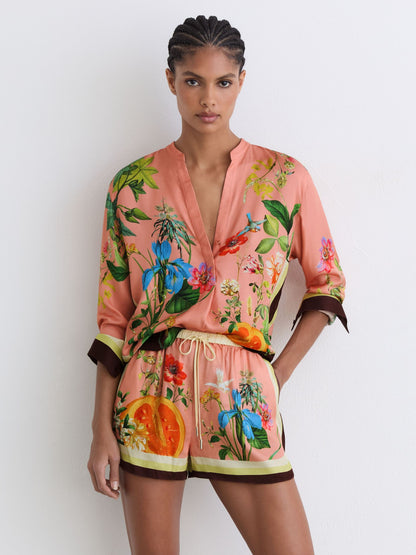 Tropical Scarf-Print Drawstring Shorts in Pink