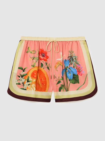 Tropical Scarf-Print Drawstring Shorts in Pink