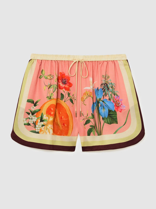 Tropical Scarf-Print Drawstring Shorts in Pink