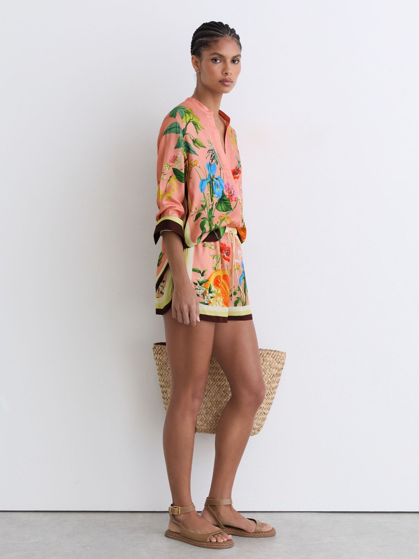 Tropical Scarf-Print Drawstring Shorts in Pink