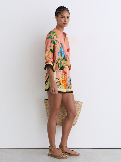 Tropical Scarf-Print Drawstring Shorts in Pink
