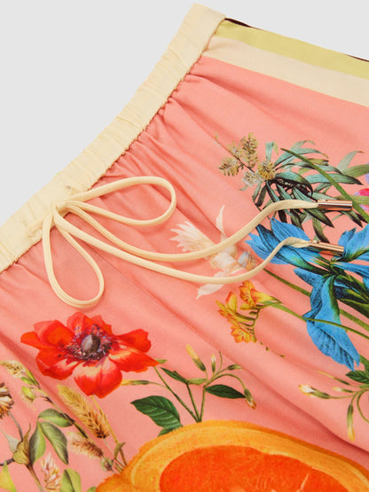 Tropical Scarf-Print Drawstring Shorts in Pink