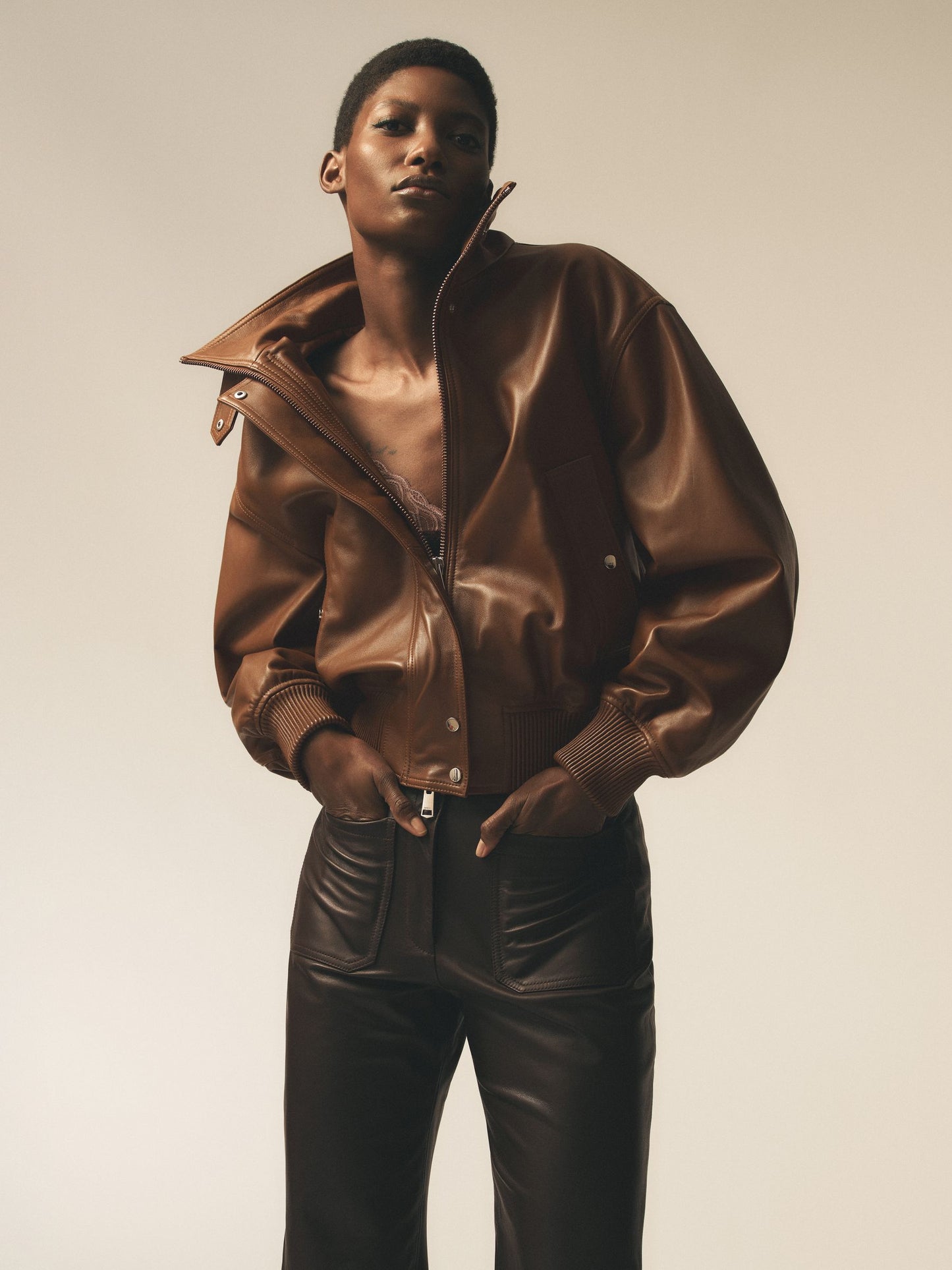 Leather Funnel-Neck Bomber Jacket in Chestnut Brown