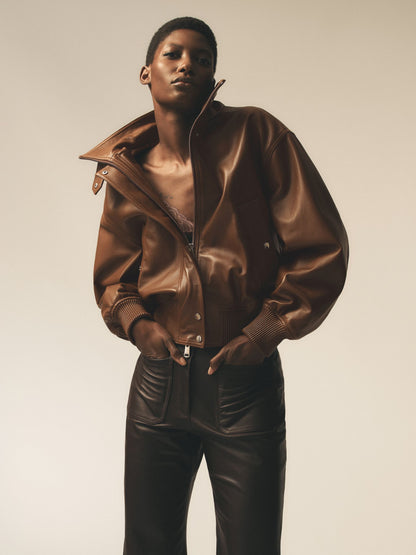 Leather Funnel-Neck Bomber Jacket in Chestnut Brown