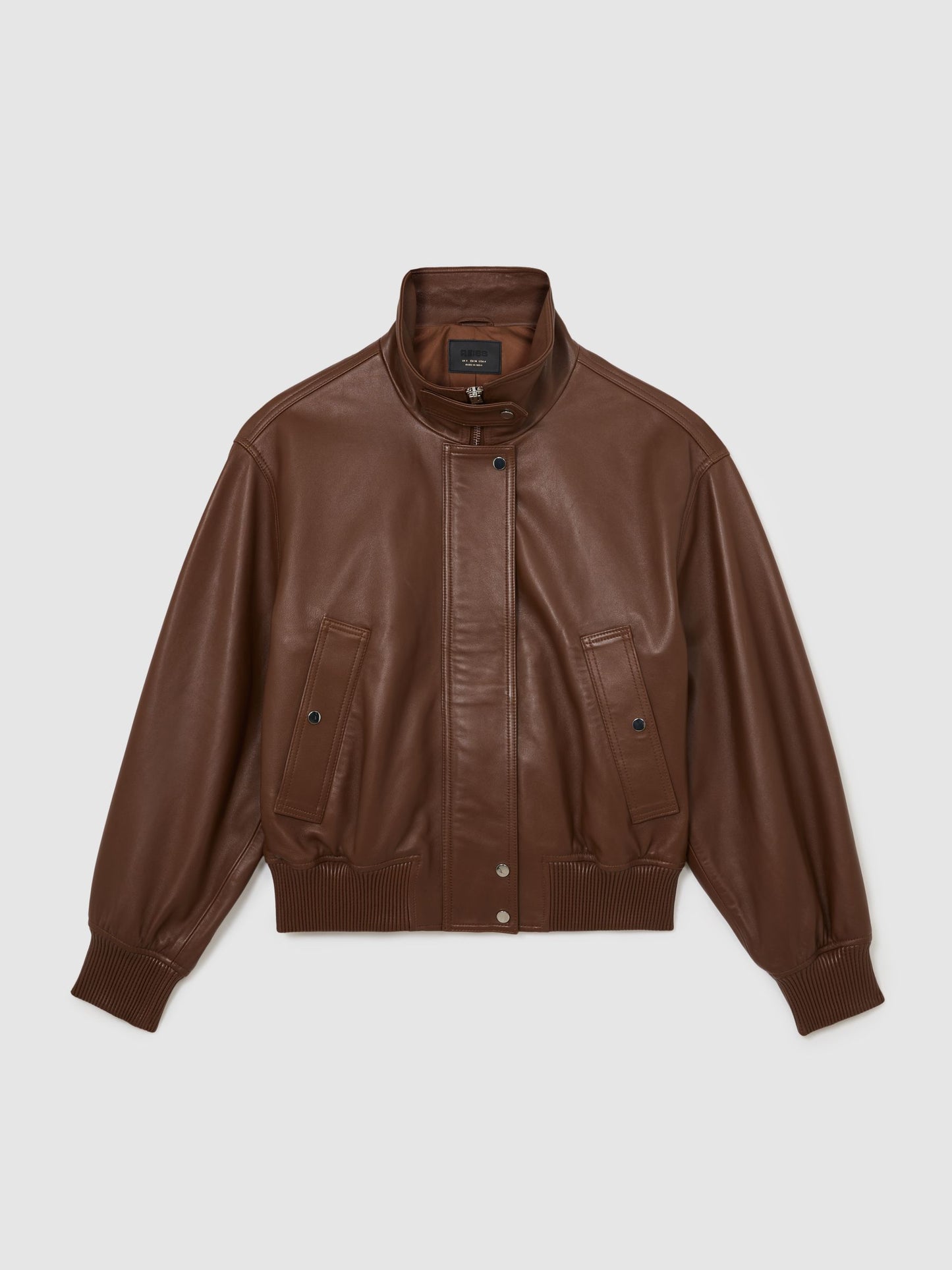 Leather Funnel-Neck Bomber Jacket in Chestnut Brown
