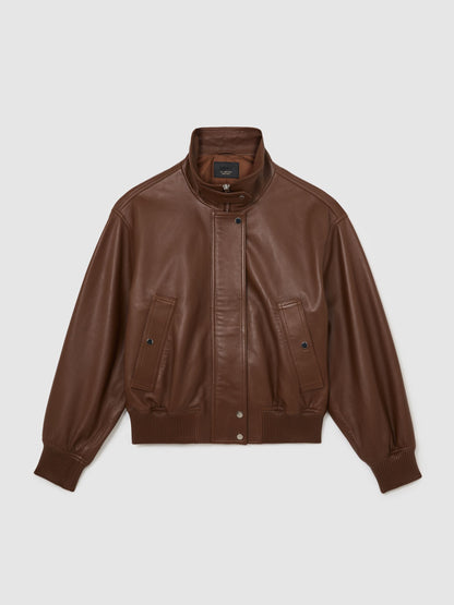 Leather Funnel-Neck Bomber Jacket in Chestnut Brown