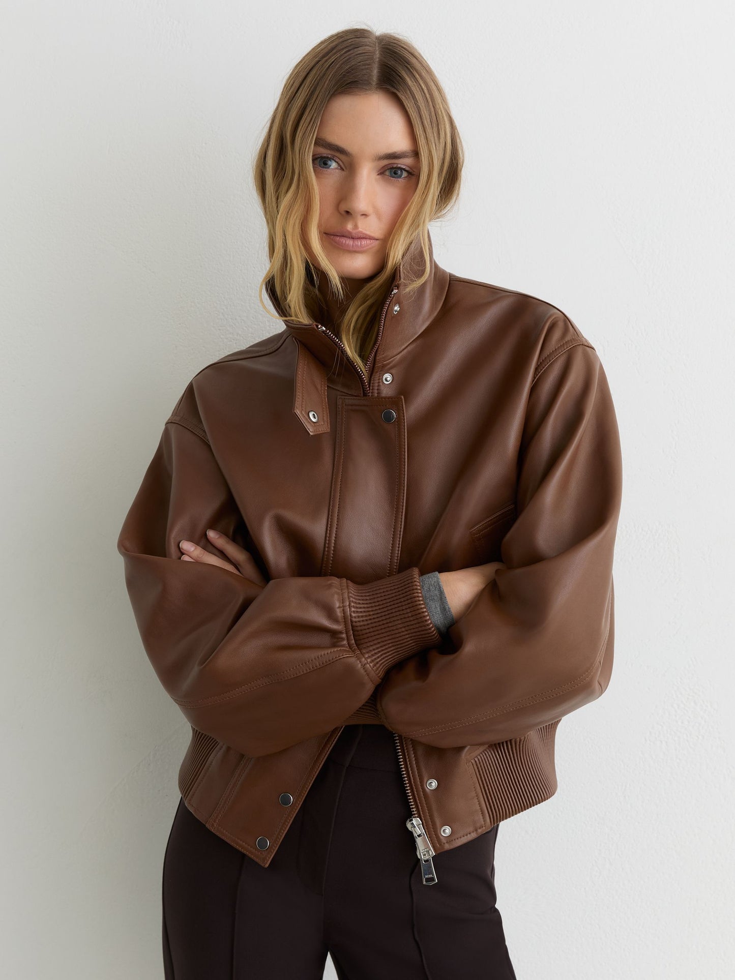 Leather Funnel-Neck Bomber Jacket in Chestnut Brown
