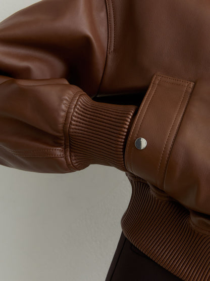 Leather Funnel-Neck Bomber Jacket in Chestnut Brown