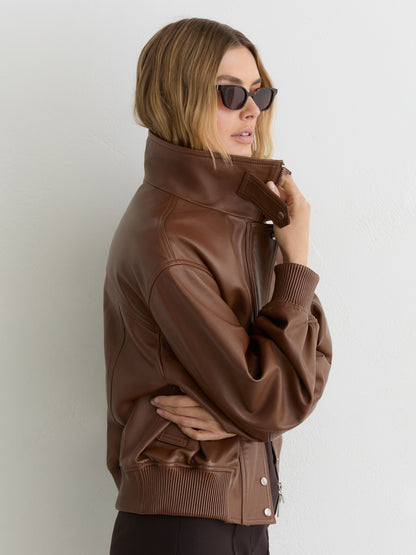 Leather Funnel-Neck Bomber Jacket in Chestnut Brown