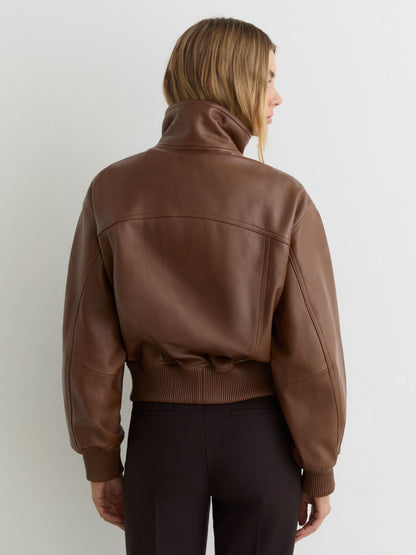 Leather Funnel-Neck Bomber Jacket in Chestnut Brown