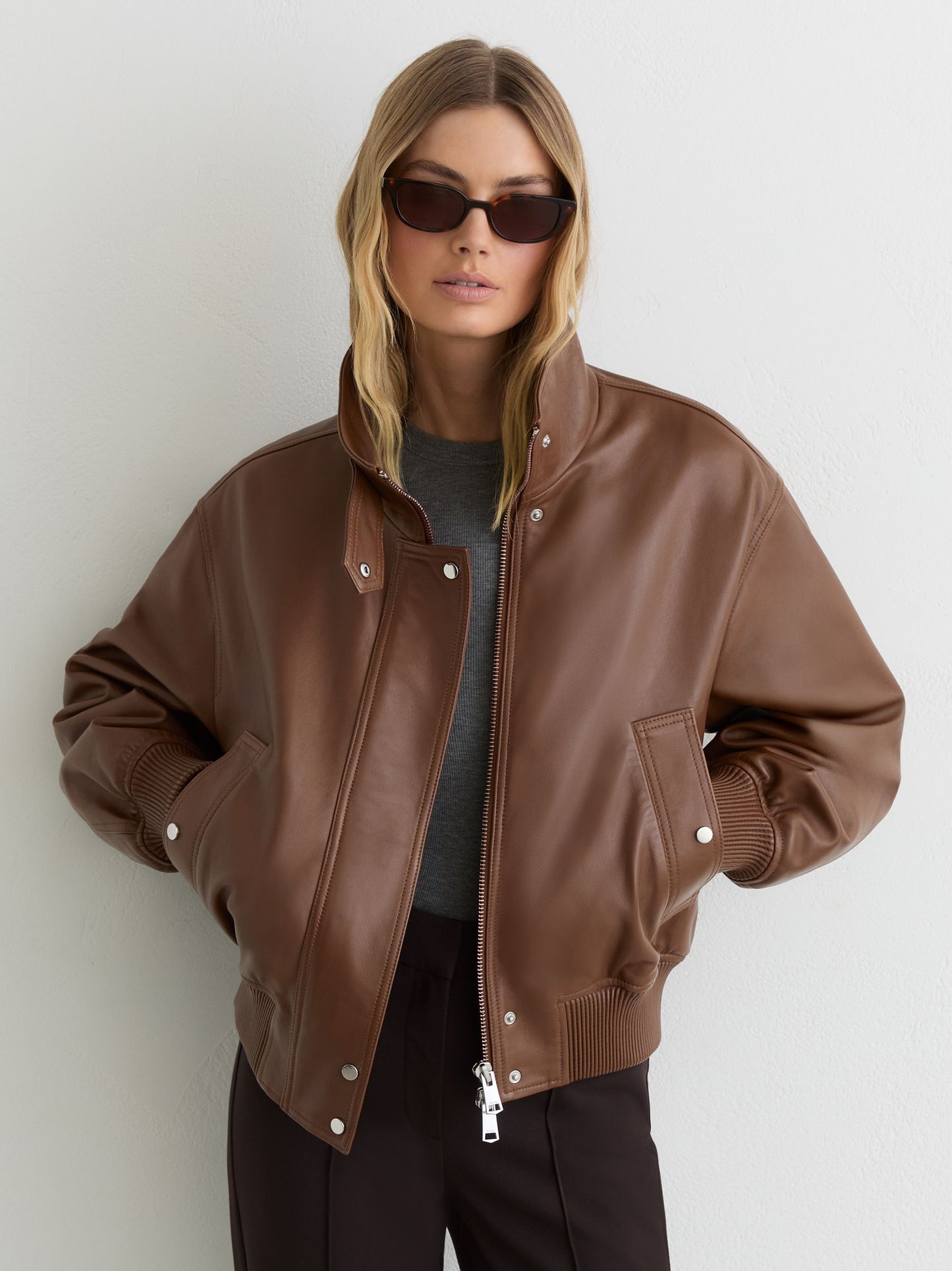 Leather Funnel-Neck Bomber Jacket in Chestnut Brown