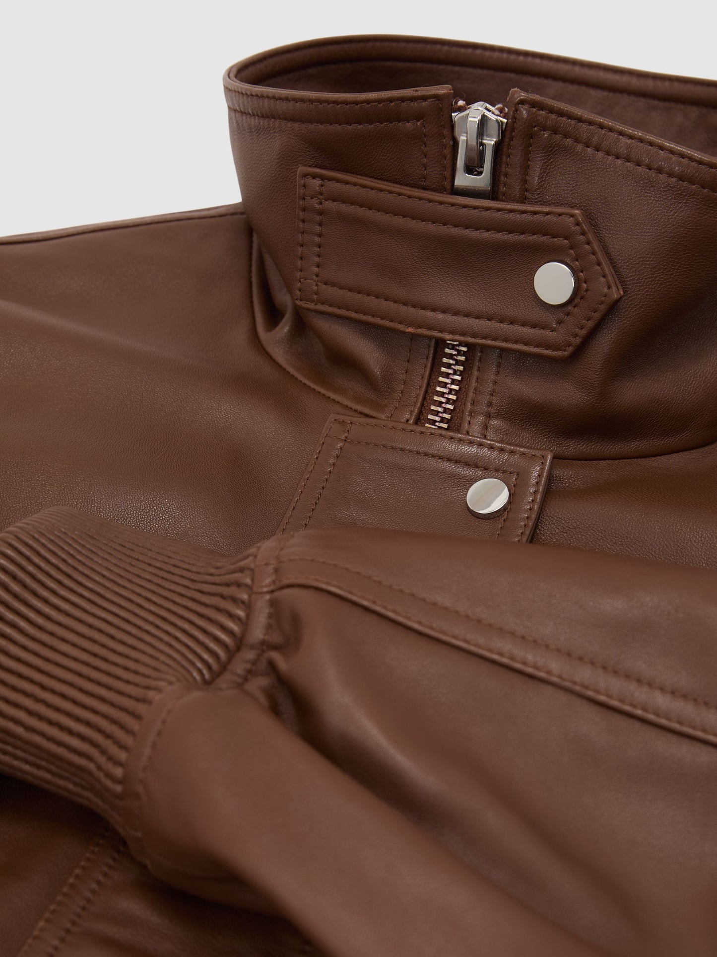 Leather Funnel-Neck Bomber Jacket in Chestnut Brown