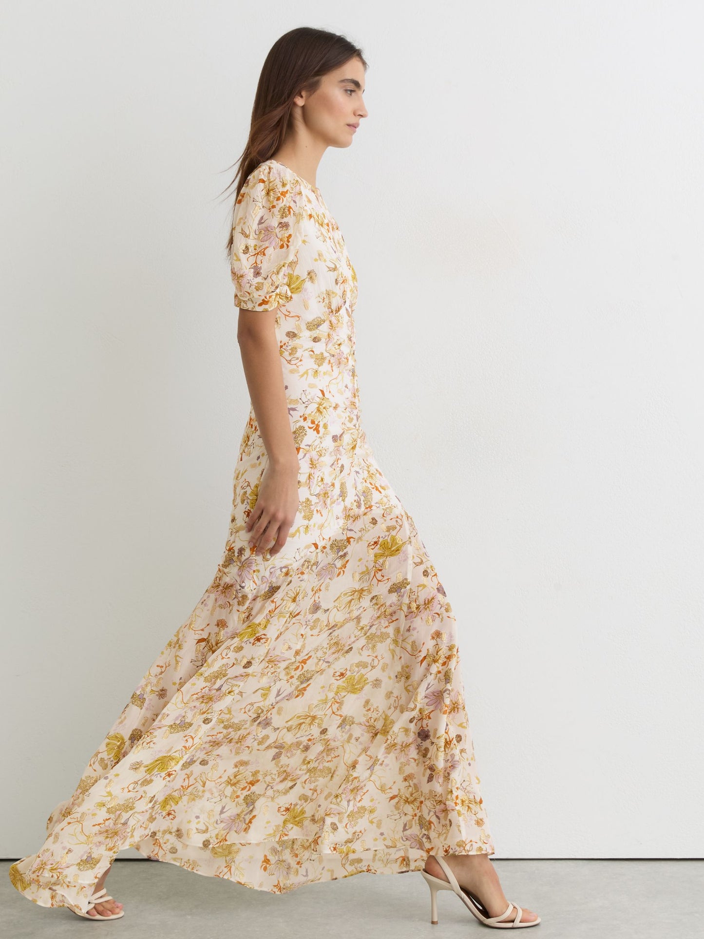 Floral-Print Metallic-Thread Maxi Dress in Ivory
