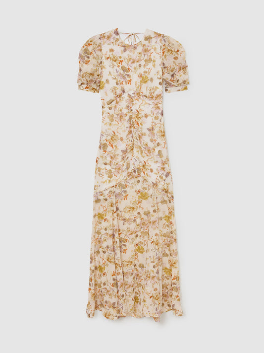 Floral-Print Metallic-Thread Maxi Dress in Ivory
