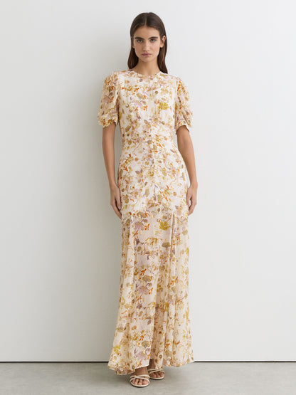 Floral-Print Metallic-Thread Maxi Dress in Ivory