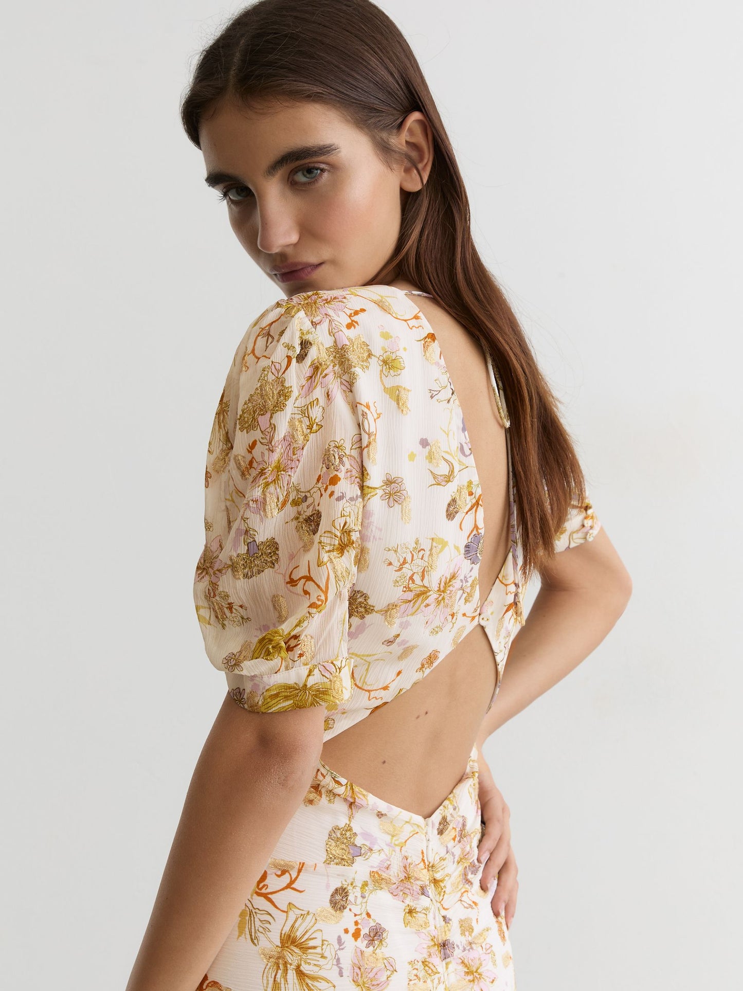 Floral-Print Metallic-Thread Maxi Dress in Ivory
