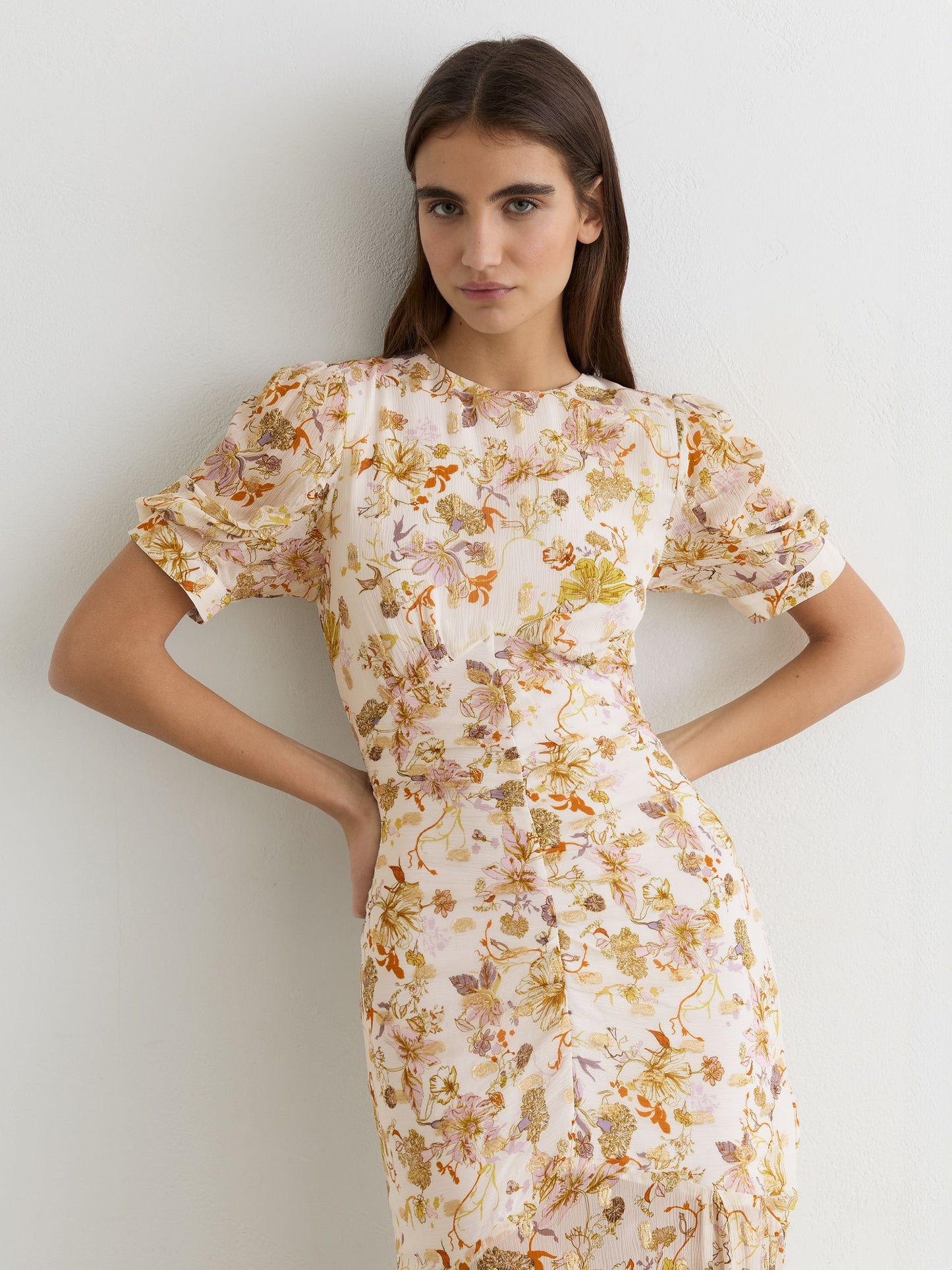 Floral-Print Metallic-Thread Maxi Dress in Ivory