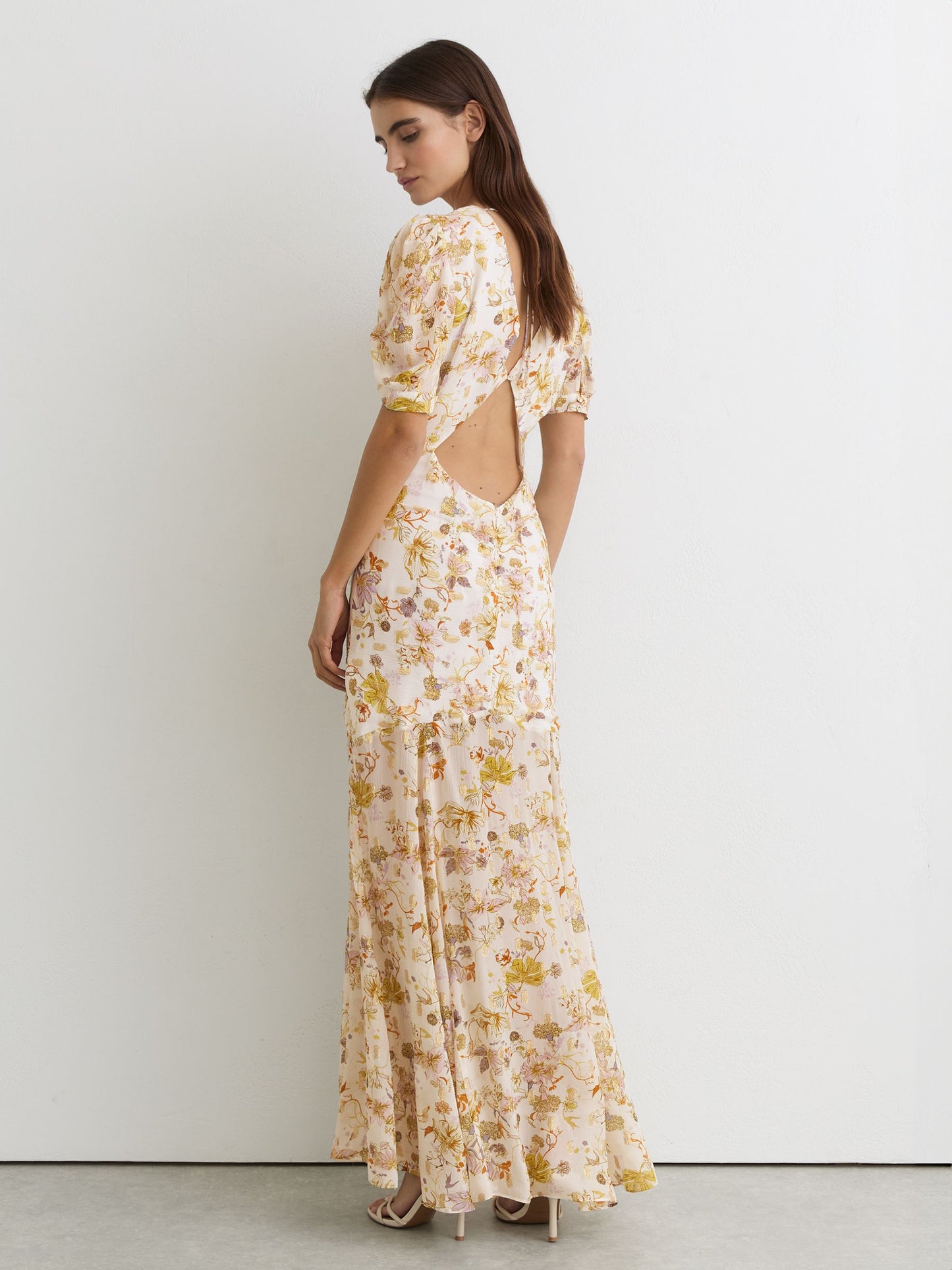 Floral-Print Metallic-Thread Maxi Dress in Ivory