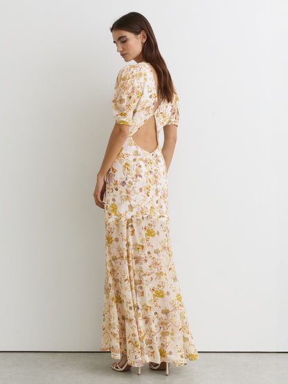 Floral-Print Metallic-Thread Maxi Dress in Ivory