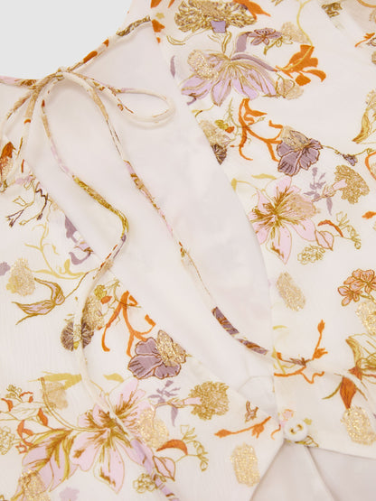 Floral-Print Metallic-Thread Maxi Dress in Ivory