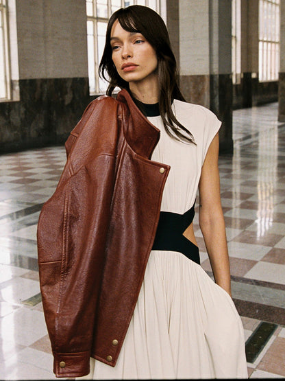 Textured Leather Oversized Jacket in Chestnut Brown