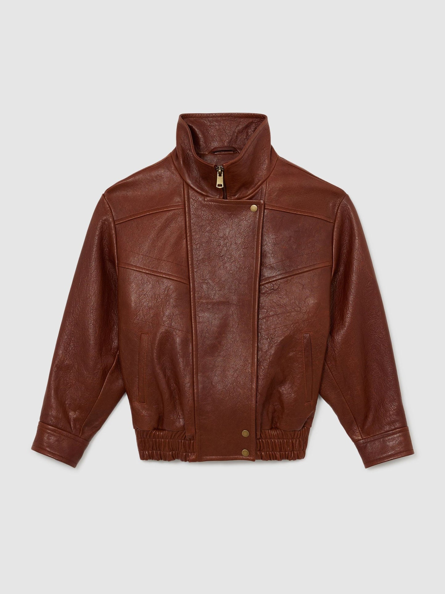 Textured Leather Oversized Jacket in Chestnut Brown
