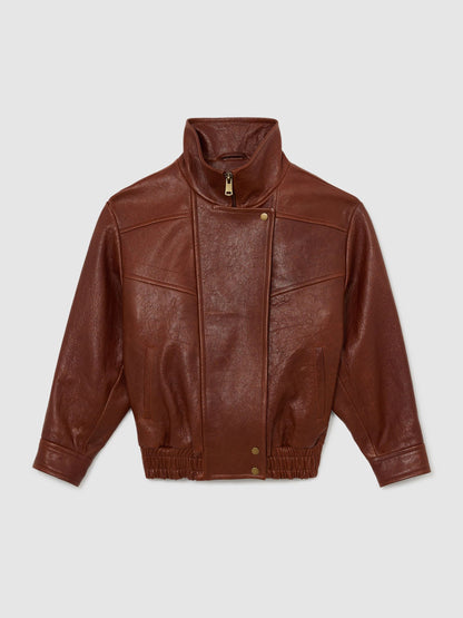 Textured Leather Oversized Jacket in Chestnut Brown